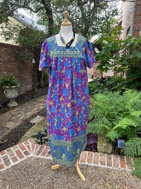 Loungees Hawaiian Blue Purple Floral Cotton Muumuu House Dress Sz L